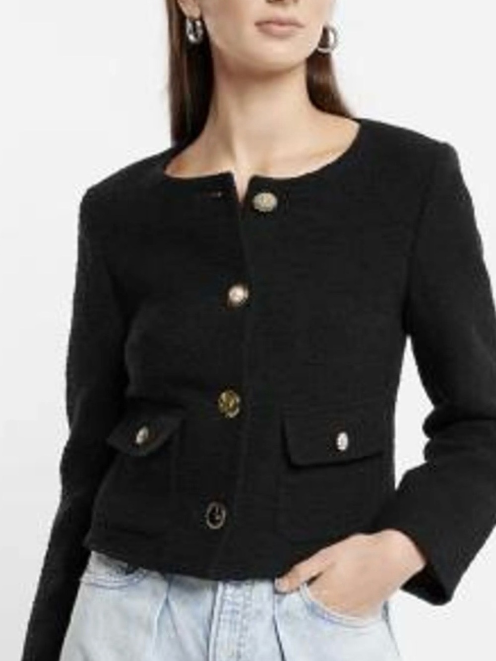 Express Black Collarless Bouclé Tweed Cropped Blazer